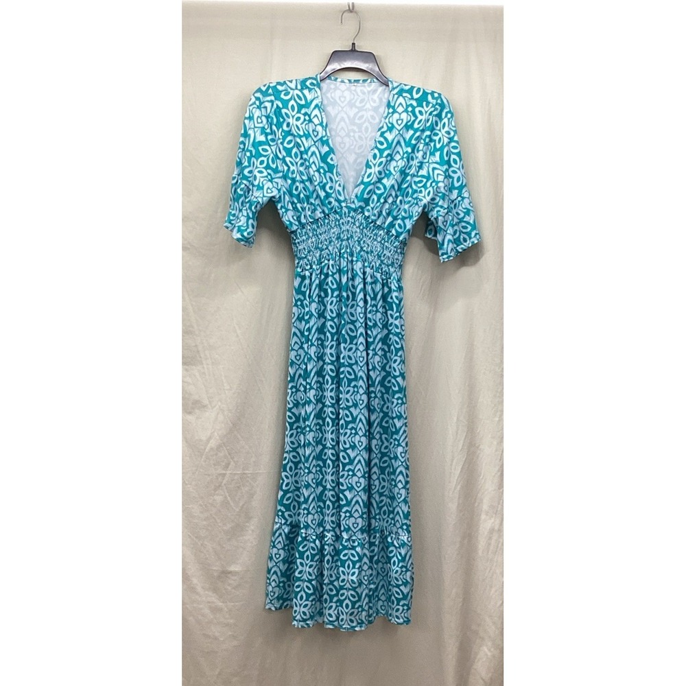 Women's (Size L) Short Sleeve V-Neck Elastic Waist Dress Teal‎ White